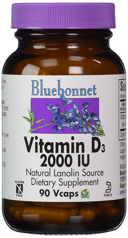 Bluebonnet Vitamin D3 2000 IU Natural Lanolin Source-90 Vegetable Capsules