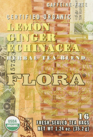 Flora Organic Lemon Ginger Echinacea Herbal Tea Blend 16 Bags-1.24 Oz