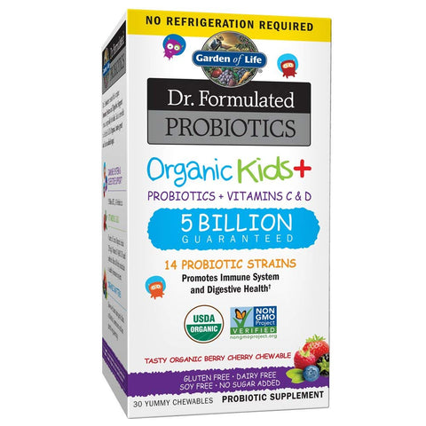 Garden Of Life Dr.Formulated Probiotics Organic Kids+ 5 Billion 14 Strains Berry Cherry Flavor-30 Yummy Chewables