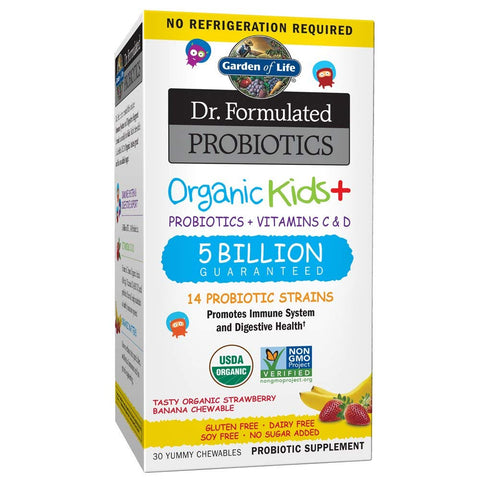 Garden Of Life Dr.Formulated Probiotics Organic Kids+ 5 Billion 14 Strains Strawberry Banana Flavor-30 Yummy Chewables