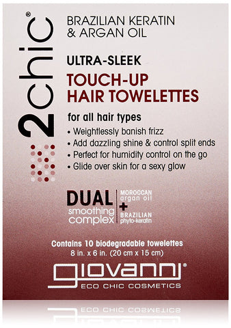 Giovanni 2Chic Ultra Sleek Touch-Up Hair Towelettes Brazilian Keratin & Argan Oil-10 Biodegradable Towelettes
