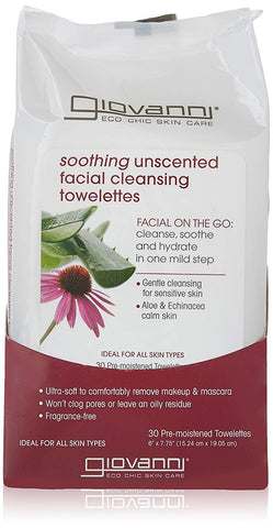 Giovanni Soothing Unscented Facial Cleansing Towelettes-30 Pre-Moistened Towelettes