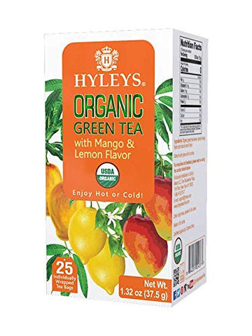 Hyleys Organic Green Tea With Mango & Lemon Flavor-25 Tea Bags-1.32 Oz