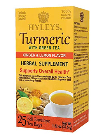 Hyleys Turmeric With Green Tea Ginger & Lemon Flavor-25 Tea Bags-1.32 Oz