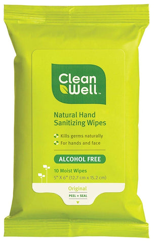 Clean Well Natural Hand Sanitizing Wipes Alcohol Free-10 Moist Wipes