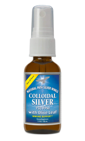 Natural Path Silver Wings Colloidal Silver Spray With Olive Leaf Immune Support 150 PPM-1 Oz