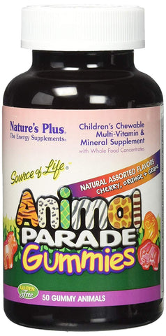 Natures Plus Animal Parade Multi-Vitamin & Mineral Cherry Orange & Grape Flavor-60 Gummy Animals