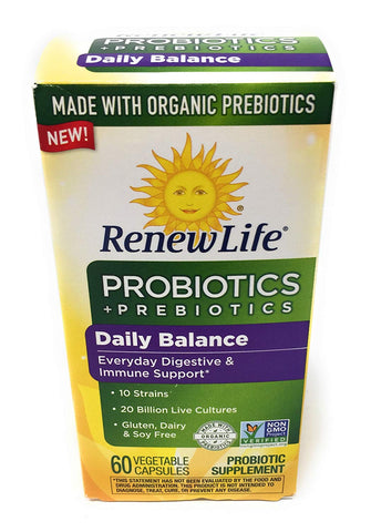 Renew Life Probiotics+Prebiotics Daily Balance 20 Billion Live Cultures-60 Vegetable Capsules