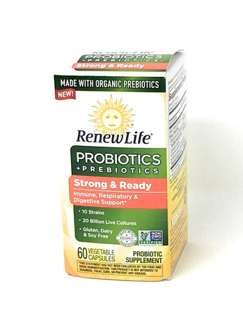 Renew Life Probiotics+Prebiotics Strong & Ready 20 Billion Live Cultures-60 Vegetable Capsules