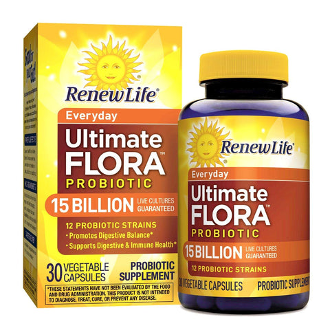 Renew Life Everyday Ultimate Flora Probiotic 15 Billion Live Cultures 12 Strains-30 Vegetable Capsules