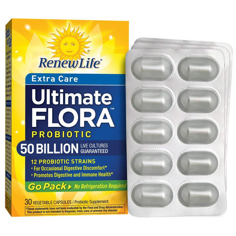 Renew Life Extra Care Ultimate Flora Probiotic 50 Billion Live Cultures 12 Strains Go Pack-30 Vegetable Capsules