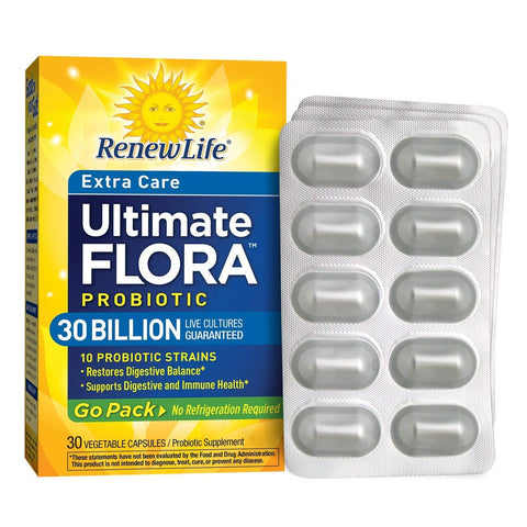 Renew Life Extra Care Ultimate Flora Probiotic 30 Billion Live Cultures 10 Probiotic Strains-30 Vegetable Capsules