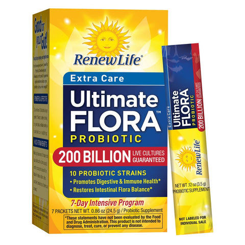 Renew Life Extra Care Ultimate Flora Probiotic 200 Billion Live Cultures 10 Probiotic Strains 7 Packets-0.86 Oz