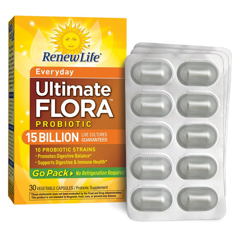 Renew Life Everyday Ultimate Flora Probiotic 15 Billion Live Cultures 10 Strains Go Pack-30 Vegetable Capsules