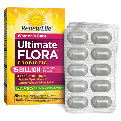 Renew Life Women's Care Ultimate Flora Probiotic 15 Billion Live Cultures 8 Strains Go Pack-30 Vegetable Capsules