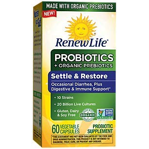 Renew Life Probiotics+Prebiotics Settle & Restore 20 Billion Live Cultures-60 Vegetable Capsules