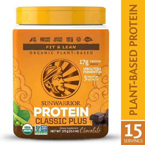 Sun Warrior Classic Plus Organic Raw Plant Based Protein Chocolate Flavor-13.2 Oz