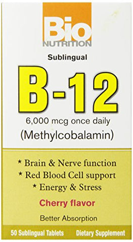 Bio Nutrition B-12 6000 Mcg Methylcobalamin Cherry Flavor-50 Sublingual Tablets