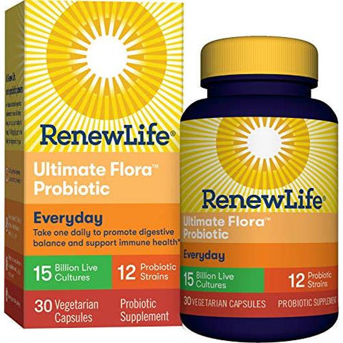 Renew Life Everyday Ultimate Flora Probiotic 15 Billion Live Cultures 12 Strains-30 Vegetable Capsules