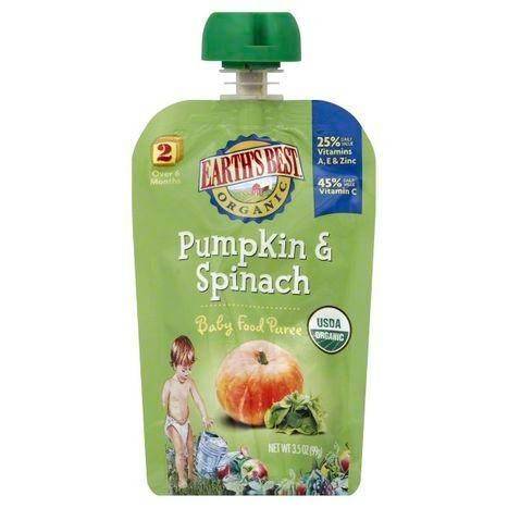 Earths Best Organic Baby Food Puree, Pumpkin & Spinach, 2 (Over 6 Months) - 3.5 Ounces