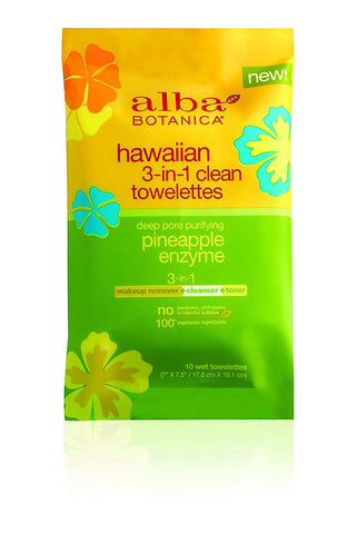 Alba Botanica Hawaiian 3 In 1 Clean Towelettes Deep Pore Purifying Pineapple Enzyme-10 Wet Towelettes