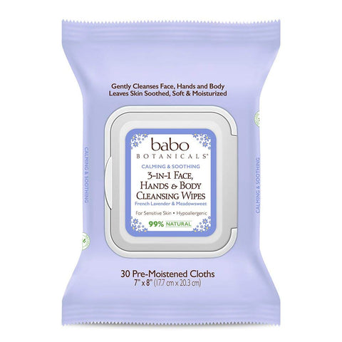 Babo Botanicals Calming & Soothing 3-In-1 Face, Hand & Body Cleansing Wipes French Lavender & Meadowsweet-30 Pre-Moistened Cloths