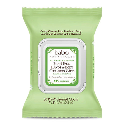 Babo Botanicals Hydrating & Soothing 3-In-1 Face, Hand & Body Cleansing Wipes Cucumber & Aloe Vera-30 Pre-Moistened Cloths