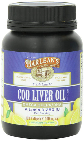 Barlean's Cod Liver Oil Omega 3 & Vitamin D 280 IU Lemonade Flavor-100 Softgels