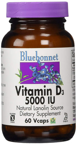 Bluebonnet Vitamin D3 5000 IU Natural Lanolin Source-60 Vegetable Capsules