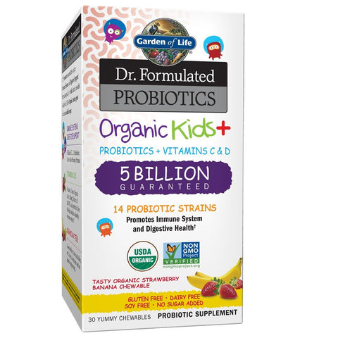 Garden Of Life Dr.Formulated Probiotics Organic Kids+ 5 Billion 14 Strains Strawberry Banana Flavor-30 Yummy Chewables Note: Need To Be Refrigerated