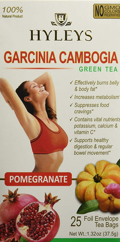 Hyleys Garcinia Cambogia Green Tea Pomegranate 25 Foil Envelope Tea Bags-1.32 Oz