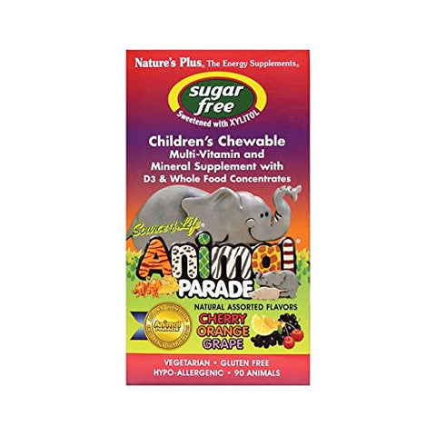 Natures Plus Animal Parade Childrens Multi-Vitamin & Mineral Cherry Orange Grape Flavor Sugar Free-90 Animals