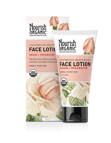 Nourish Organic Light Weight Moisturizing Face Lotion Argan & Rosewater-1.7 Oz