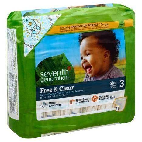 Seventh Generation Diapers, Free & Clear, Size 3 (16-24 lbs) - 31 Each