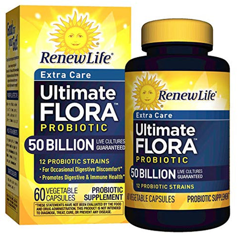 Renew Life Extra Care Ultimate Flora Probiotic 50 Billion Live Cultures-60 Vegetable Capsules