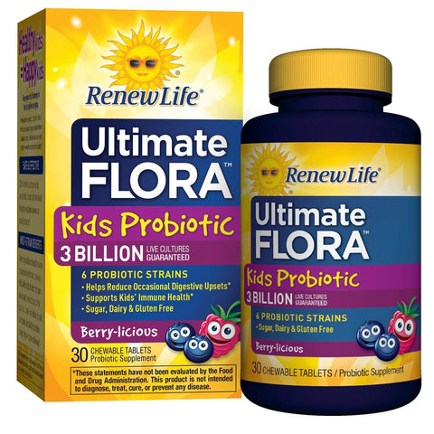 Renew Life Utimate Flora Kids Probiotic 3 Billion Live Cultures Berry-Licious Flavor-30 Chewable Tablets