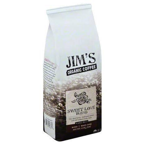 Jims Organic Coffee Coffee, Whole Bean, Dark Roast, Sweet Love Blend - 11 Ounces