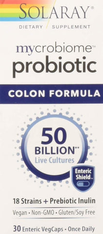Solaray Mycrobiome Probiotic Colon Formula 50 Billion Live Cultures 18 Strains+Prebiotic Inulin-30 Enteric VegCaps