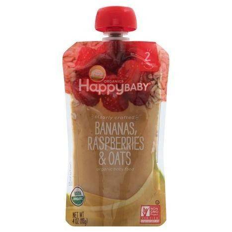 Happy Baby Organics Clearly Crafted Baby Food, Organic, Bananas, Raspberries & Oats, 2 (6+ Months) - 4 Ounces