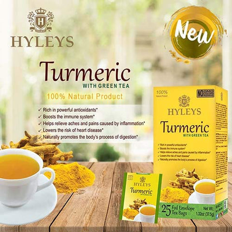 Hyleys Turmeric With Green Tea 25 Foil Envelope Tea Bags-1.32 Oz