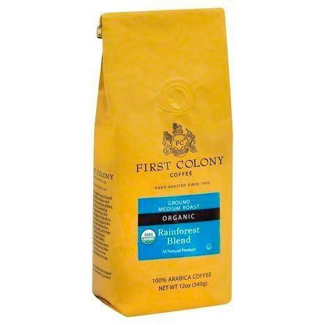 First Colony Coffee, Organic, 100% Arabica, Ground, Medium Roast, Rainforest Blend - 12 Ounces