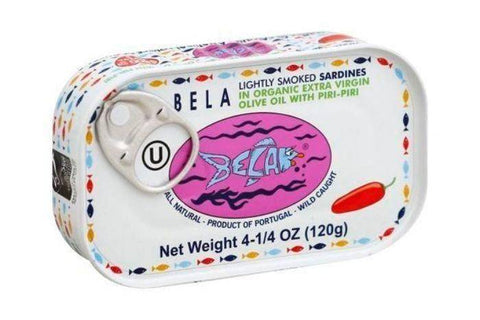 Bela Sardines, Lightly Smoked, in Organic Extra Virgin Olive Oil with Piri-Piri - 4 Each