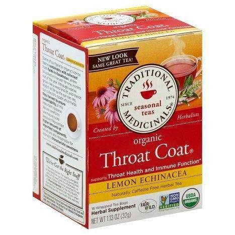 Traditional Medicinals Herbal Tea, Organic, Throat Coat, Lemon Echinacea, Caffeine Free, Wrapped Tea Bags - 16 Each