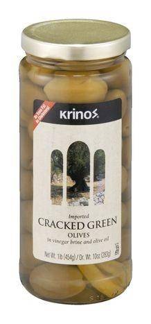 Krinos Olives, Cracked Green, in Vinegar Brine and Olive Oil - 1 Pound