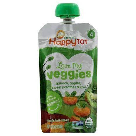 Happy Tot Organics Veggie & Fruit Blend, Love My Veggies, Spinach, Apples, Sweet Potatoes & Kiwi, 4 (Tots & Tykes) - 4.22 Ounces