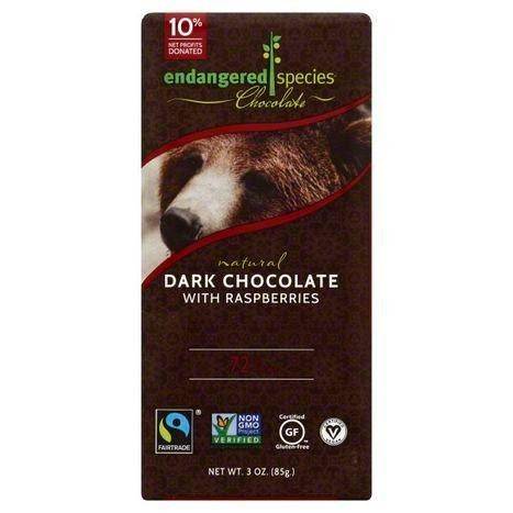 Endangered Species Dark Chocolate, with Raspberries, 72% Cocoa - 3 Ounces