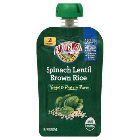Earths Best Organic Veggie & Protein Puree, Spinach Lentil Brown Rice, 2 (6 Months+) - 3.5 Ounces