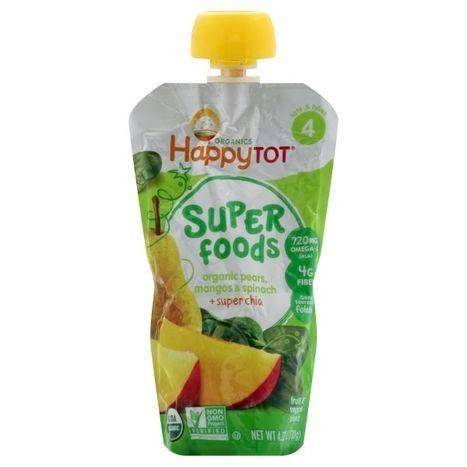 Happy Tot Organics Super Foods Fruit & Veggie Blend, Organic Pears, Mangos & Spinach + Super Chia, 4 (Tots & Tykes) - 4.22 Ounces
