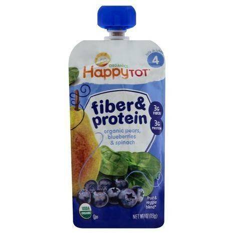 Happy Tot Organics Fruit & Veggie Blend, Organic, Pears, Blueberries & Spinach, Fiber & Protein, 4 (Tots & Tykes) - 4 Ounces
