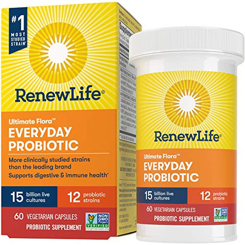 Renew Life Everyday Ultimate Flora Probiotic 15 Billion Live Cultures 12 Strains-60 Vegetable Capsules